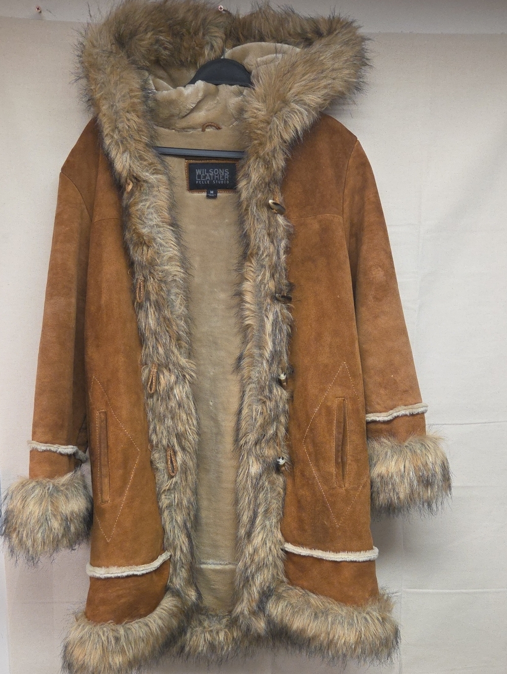 Wilsons Leather Brown Suede Faux-Fur Trim Hooded Jacket
